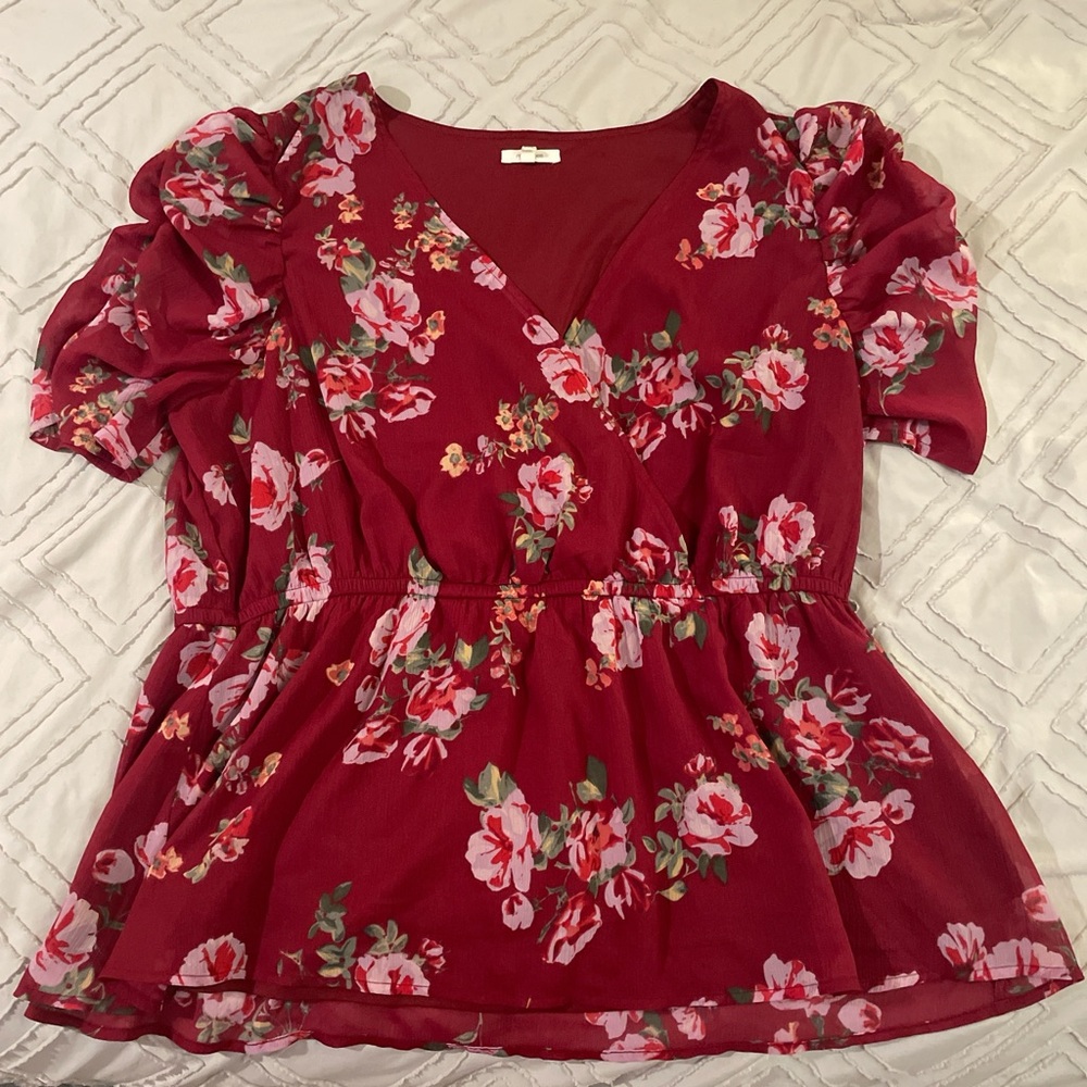 Maurices Red Ruffled Wrap Blouse Short Sleeve